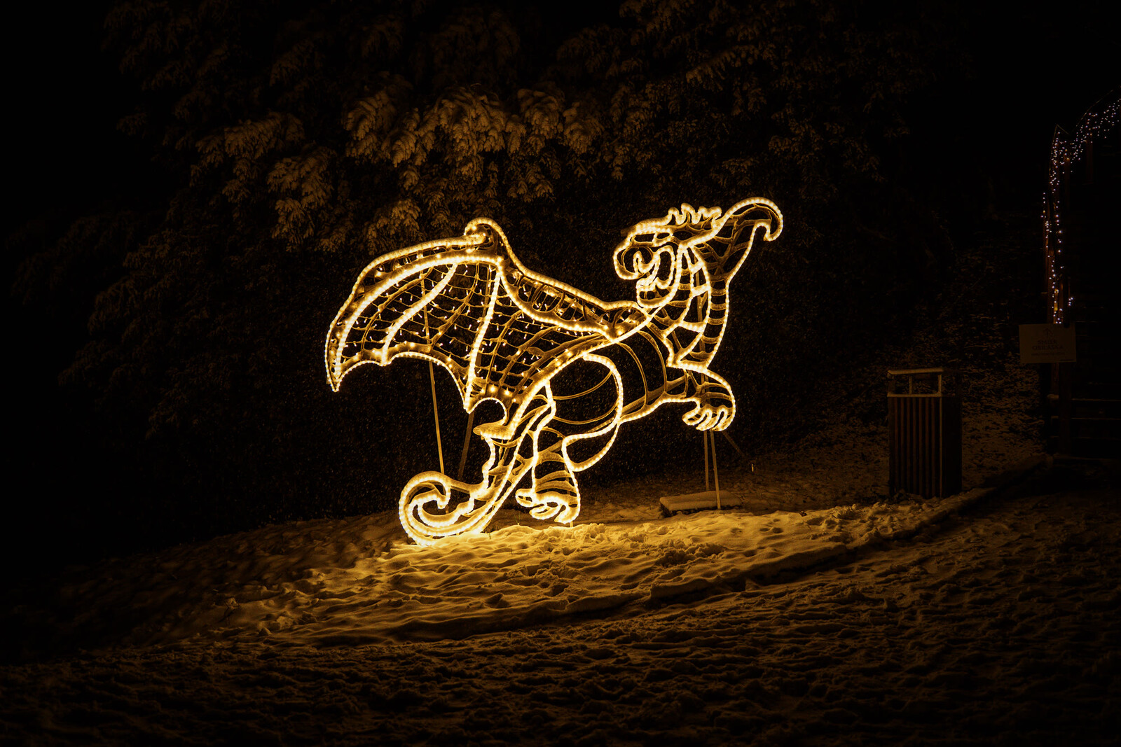 Trakošćan Castle, Croatia — illuminated dragon installation in winter forest